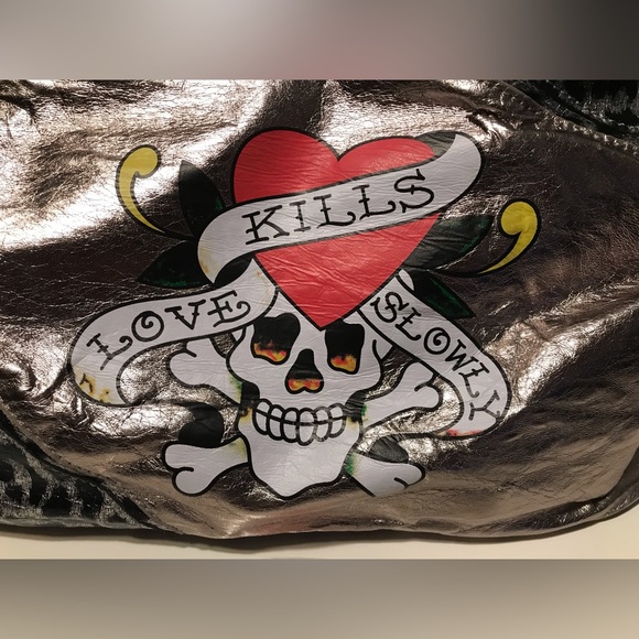 Vintage Womens ED HARDY Leopard Cheetah Love Kills Slowly Skull Shoulder Bag lv - Picture 4 of 12